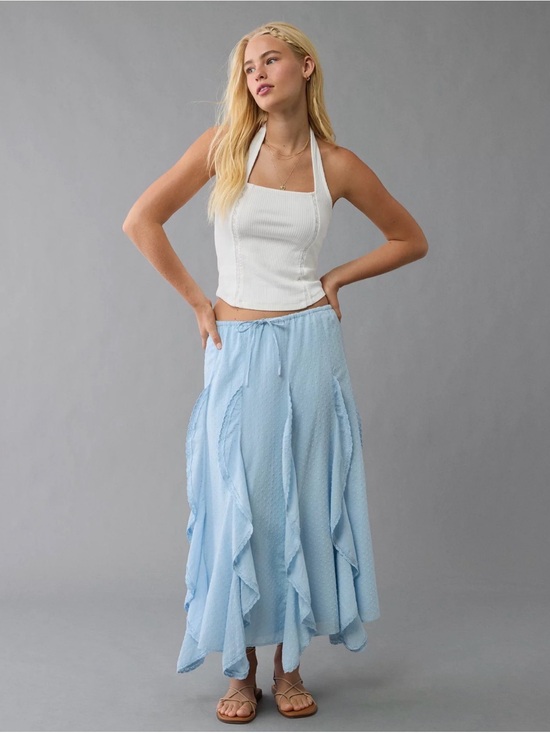 American Eagle Outfitters Dresses & Skirts - American Eagle Maxi Skirt Cascade Ruffle Textured Cotton Light Blue Boho Size L
